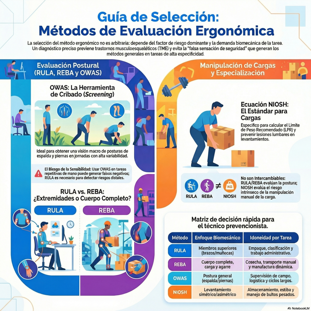225. Métodos de evaluación ergonómica: REBA, RULA, OWAS, Ecuación NIOSH — cuál usar y cuándo