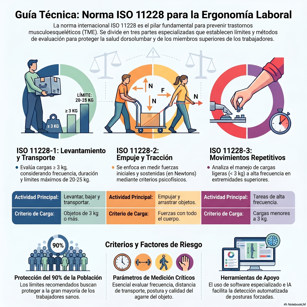 261. La norma ISO 11228 (partes 1, 2 y 3): el marco para evaluar MMC, empuje/arrastre y movimientos repetitivos